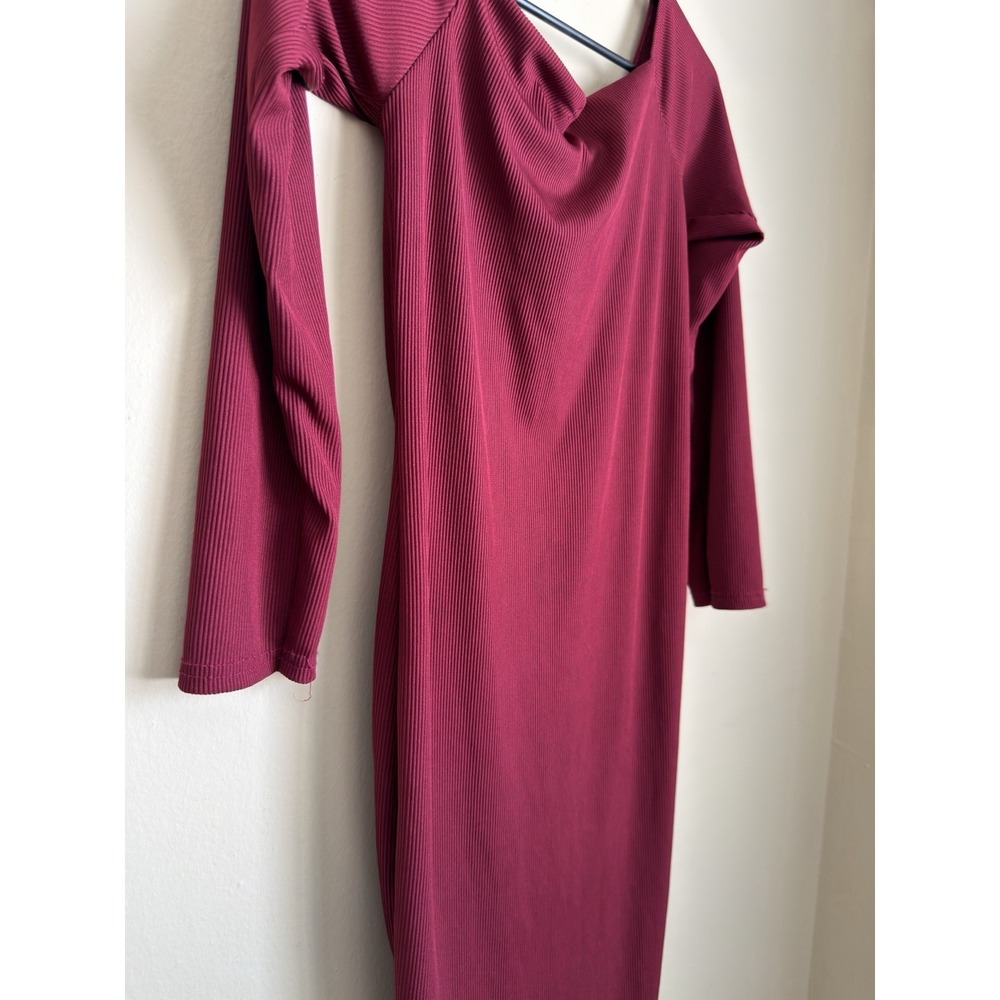 PrettyLittleThing Burgundy Ribbed Off Shoulder Ruched Drawstring Midi Dress S 10 - Picture 8 of 10
